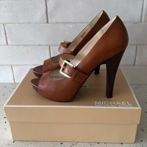 Michael Kors Chandler Mary Jane Leather Brown Peep Toe Heels Platform Size 8.5M